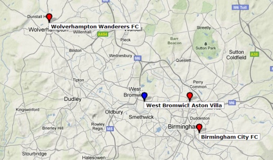 Midlands: Wolverhampton Wanderers, West Bromwich Albion, Aston Villa, Birmingham City
